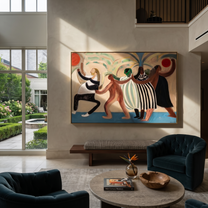 The Dance Circles Home - dancing western women painting by Savannah Reed, modern folk art horizontal wall art – styled room scene view 1