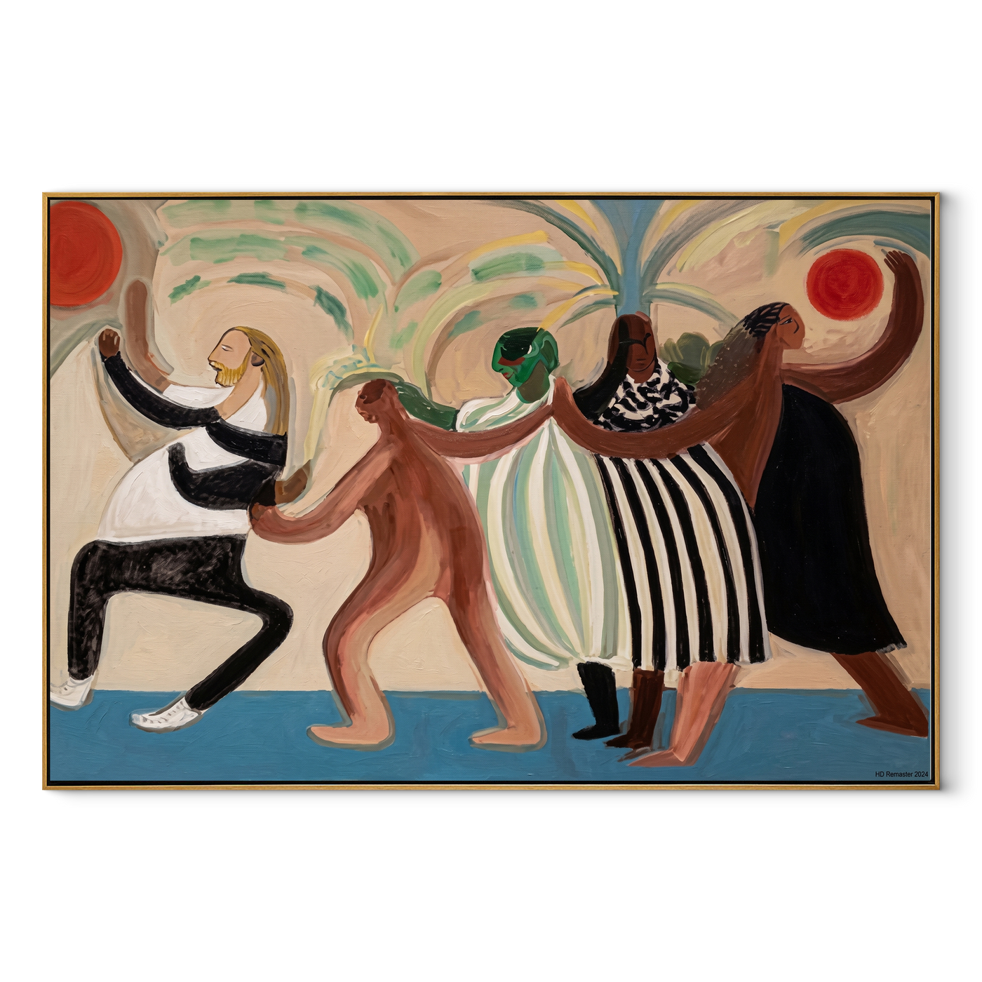The Dance Circles Home - dancing western women painting by Savannah Reed, modern folk art horizontal wall art – wood frame on white background