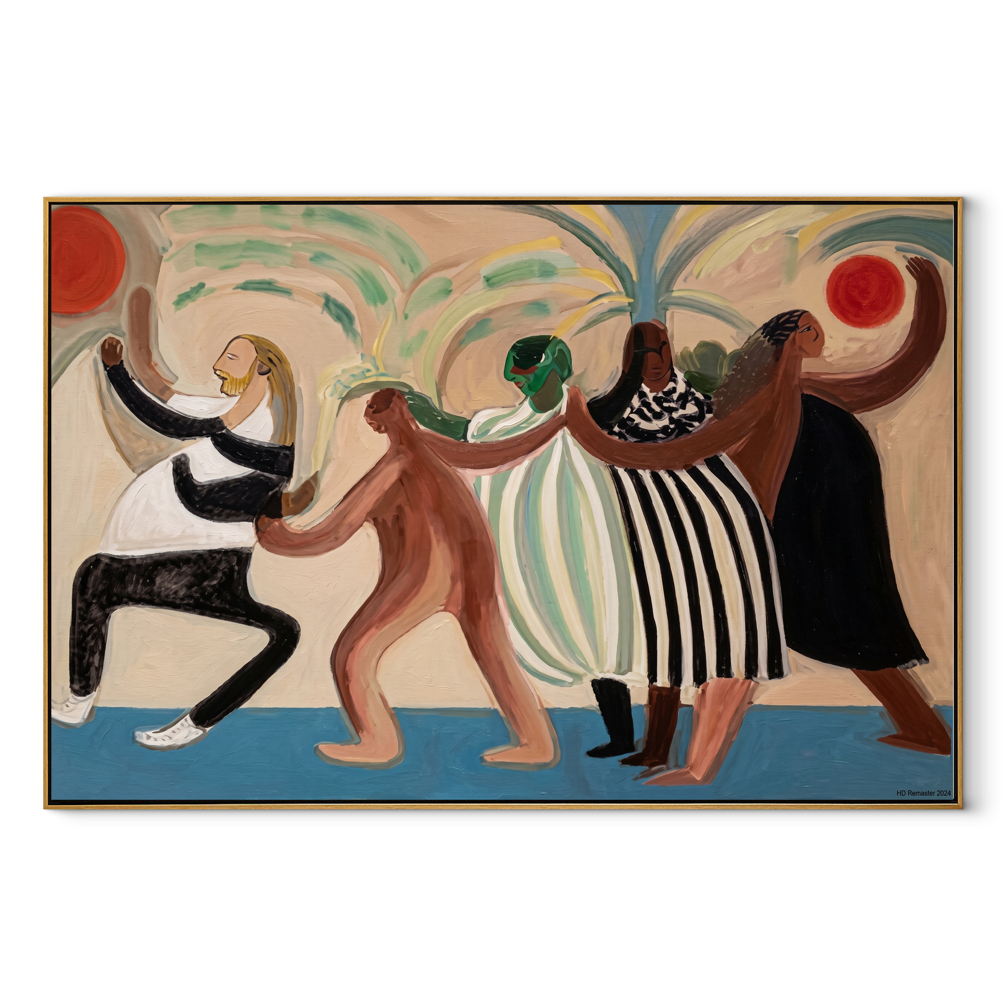 The Dance Circles Home - dancing western women painting by Savannah Reed, modern folk art horizontal wall art – wood frame on white background