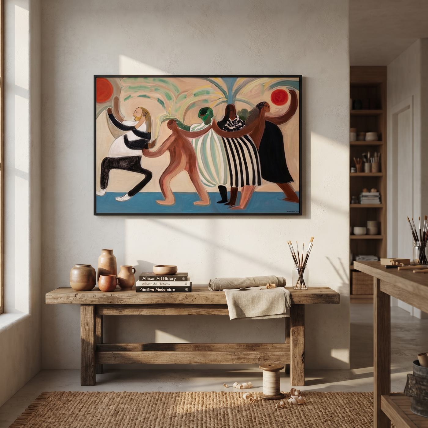The Dance Circles Home - dancing western women painting by Savannah Reed, modern folk art horizontal wall art – styled room scene view 2