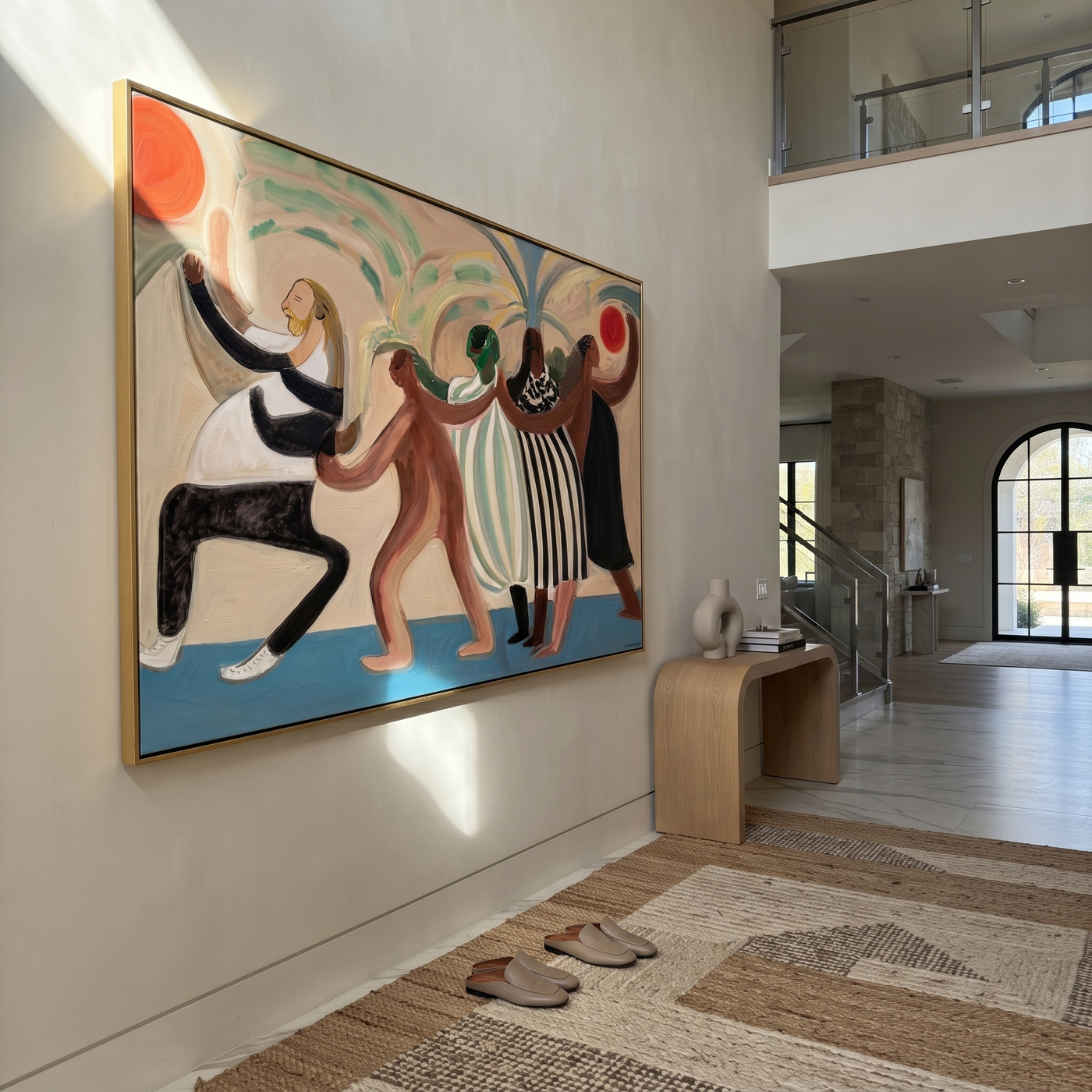 The Dance Circles Home - dancing western women painting by Savannah Reed, modern folk art horizontal wall art – styled room scene view 3
