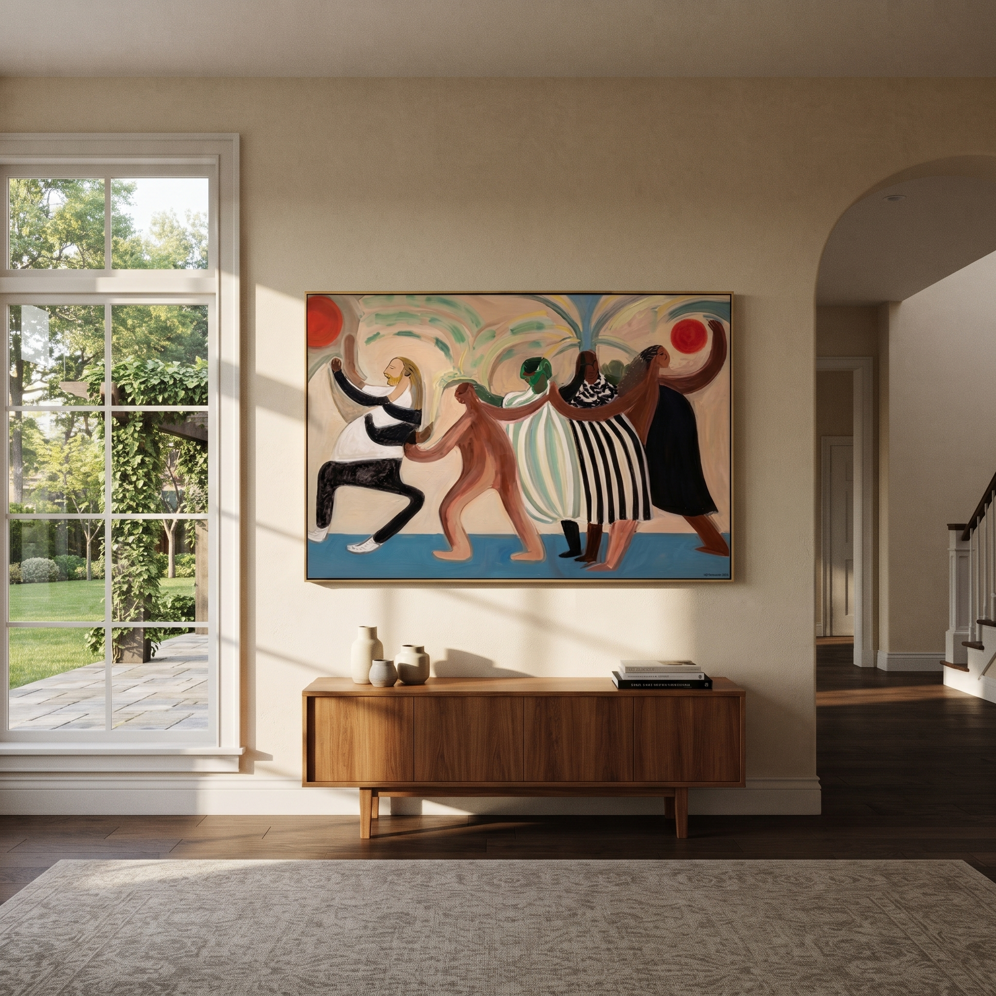 The Dance Circles Home - dancing western women painting by Savannah Reed, modern folk art horizontal wall art – styled room scene view 4