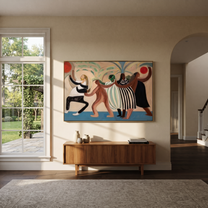 The Dance Circles Home - dancing western women painting by Savannah Reed, modern folk art horizontal wall art – styled room scene view 4