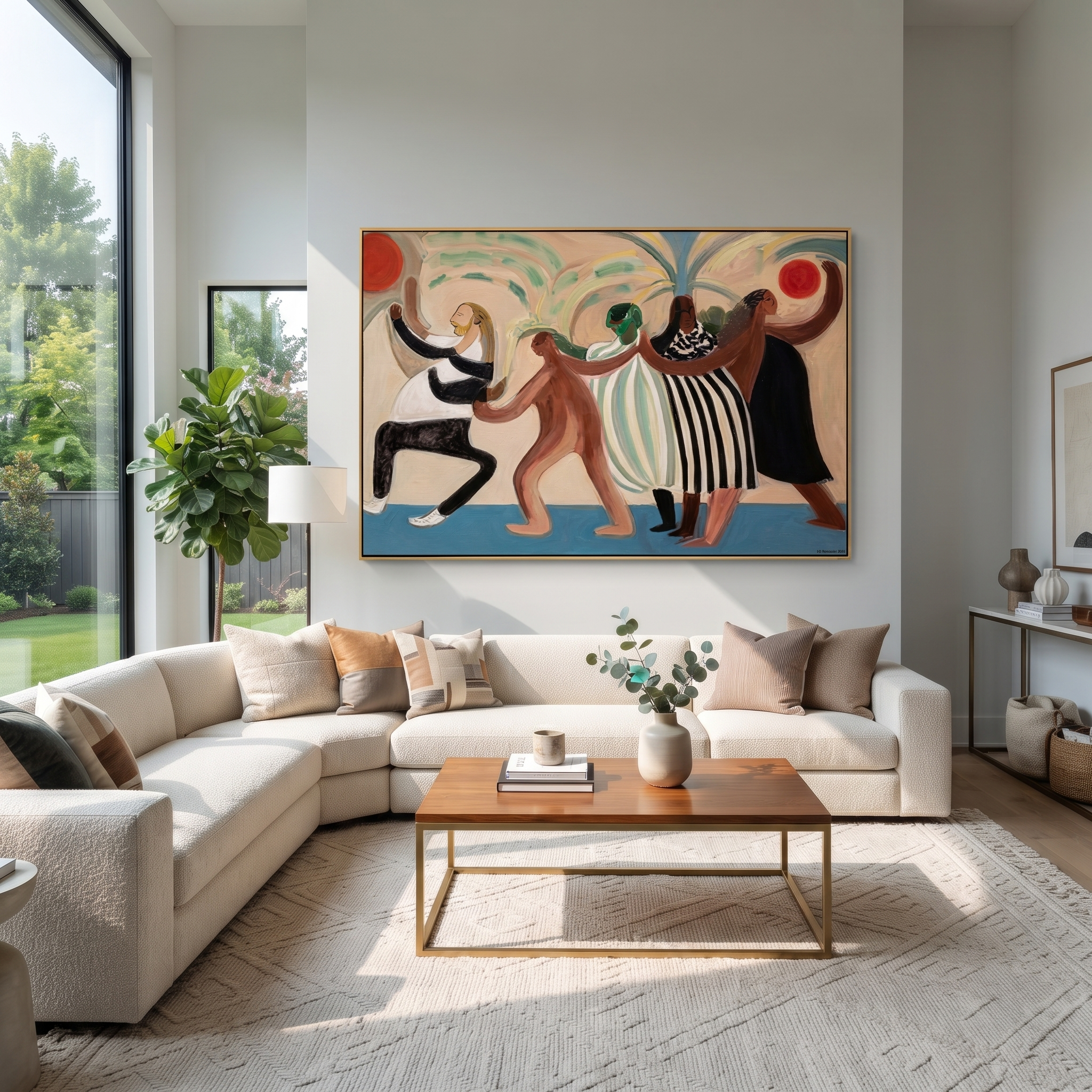 The Dance Circles Home - dancing western women painting by Savannah Reed, modern folk art horizontal wall art – styled room scene view 5
