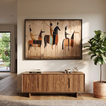 Riders Raise Their Arms - primitive horse riders painting by Savannah Reed, modern folk art horizontal wall art – styled room scene view 1
