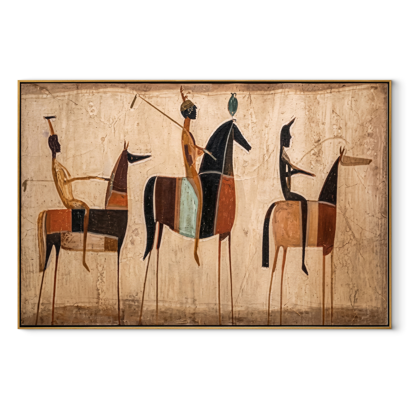Riders Raise Their Arms - primitive horse riders painting by Savannah Reed, modern folk art horizontal wall art – wood frame on white background