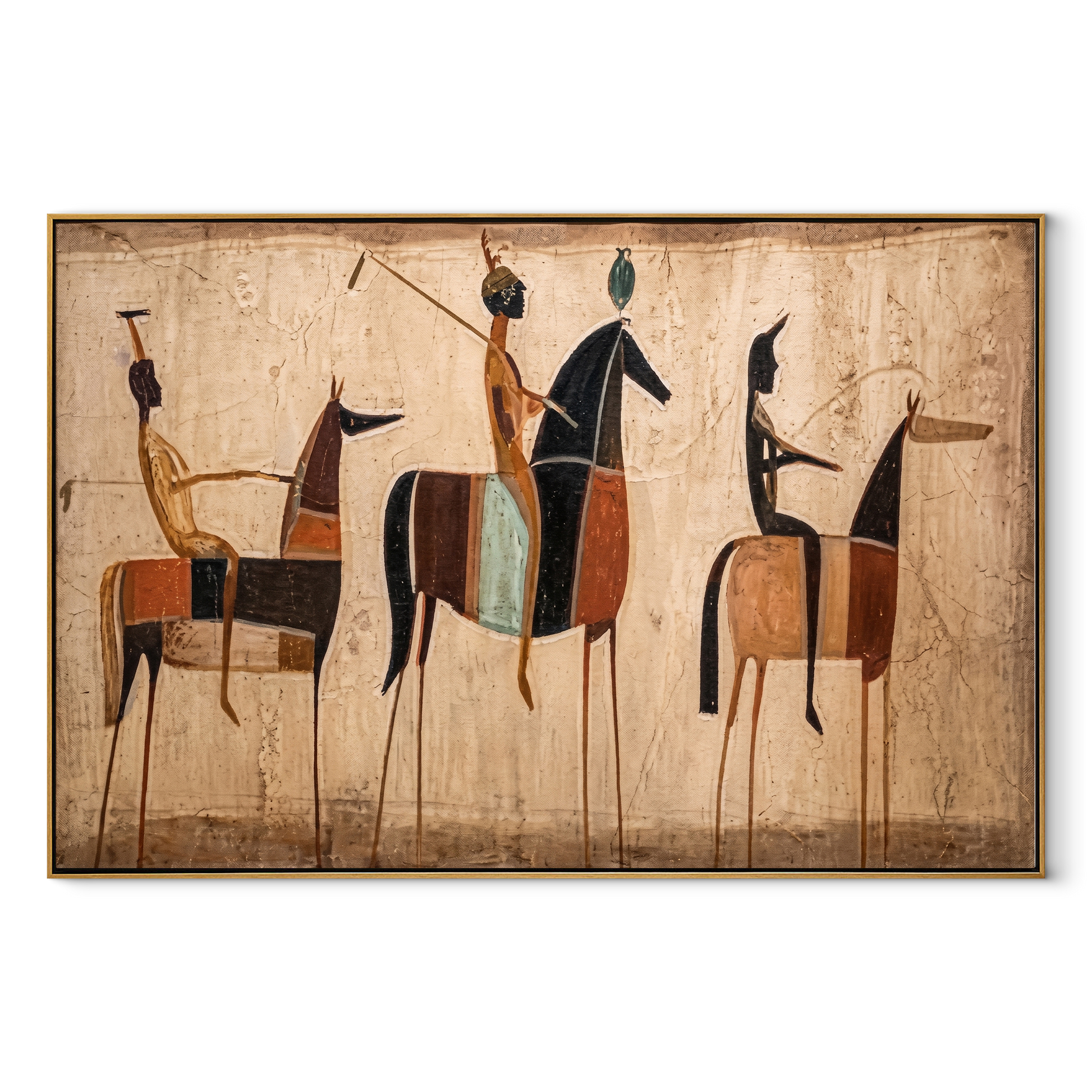 Riders Raise Their Arms - primitive horse riders painting by Savannah Reed, modern folk art horizontal wall art – wood frame on white background