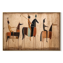 Riders Raise Their Arms - primitive horse riders painting by Savannah Reed, modern folk art horizontal wall art – wood frame on white background