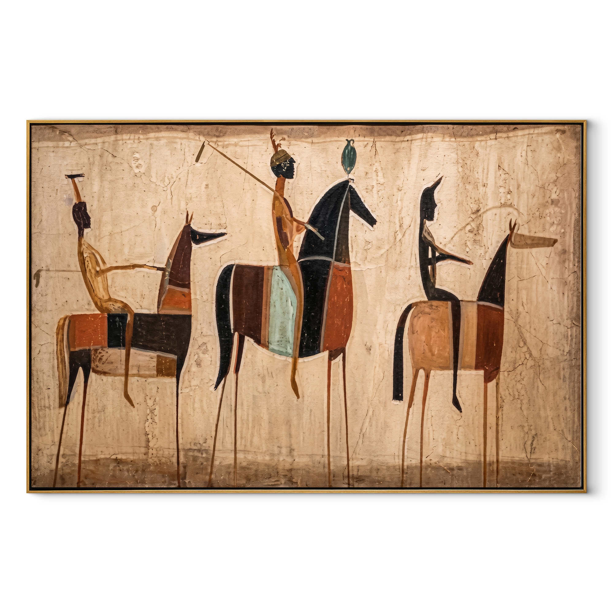 Riders Raise Their Arms - primitive horse riders painting by Savannah Reed, modern folk art horizontal wall art – wood frame on white background