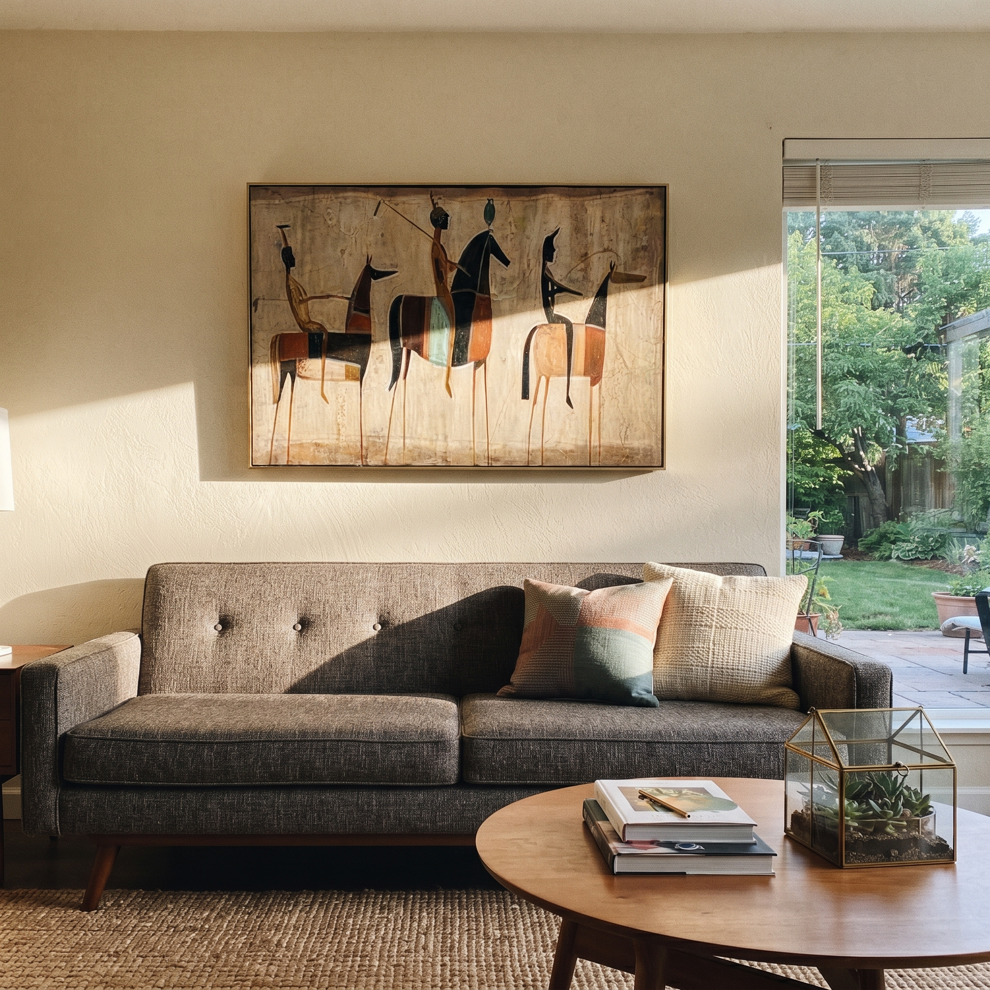 Riders Raise Their Arms - primitive horse riders painting by Savannah Reed, modern folk art horizontal wall art – styled room scene view 2