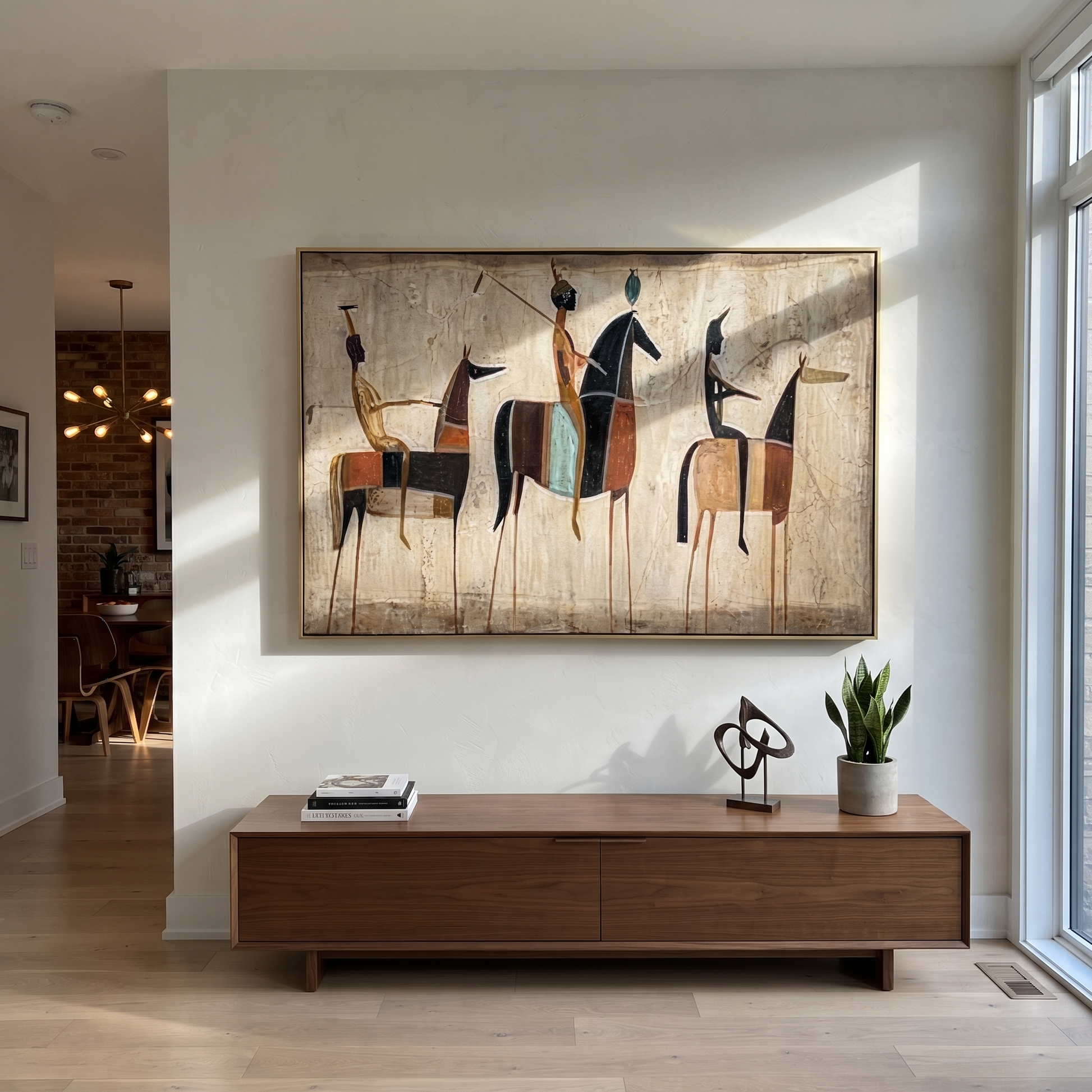 Riders Raise Their Arms - primitive horse riders painting by Savannah Reed, modern folk art horizontal wall art – styled room scene view 4
