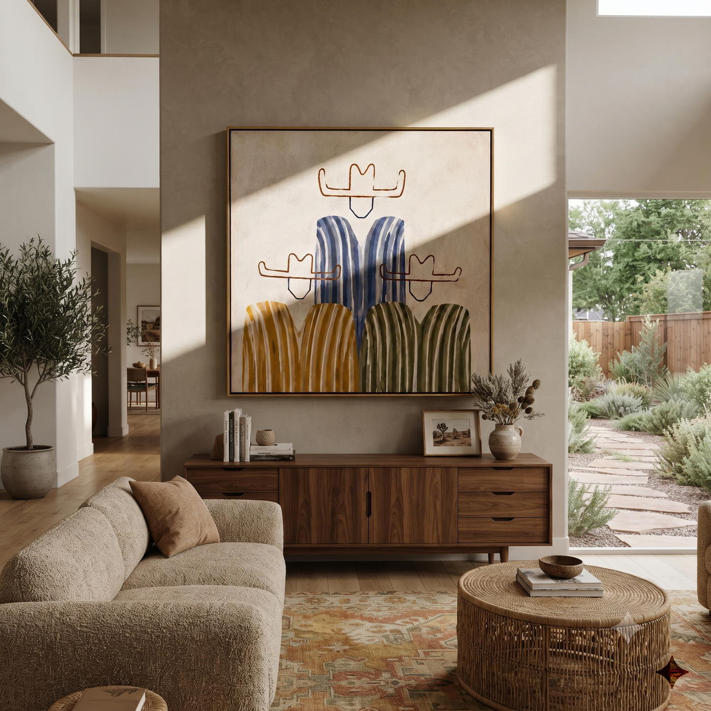Blue Stripes Anchor the Room - blue striped cowboy figures painting by Savannah Reed, modern folk art vertical wall art – styled room scene view 1