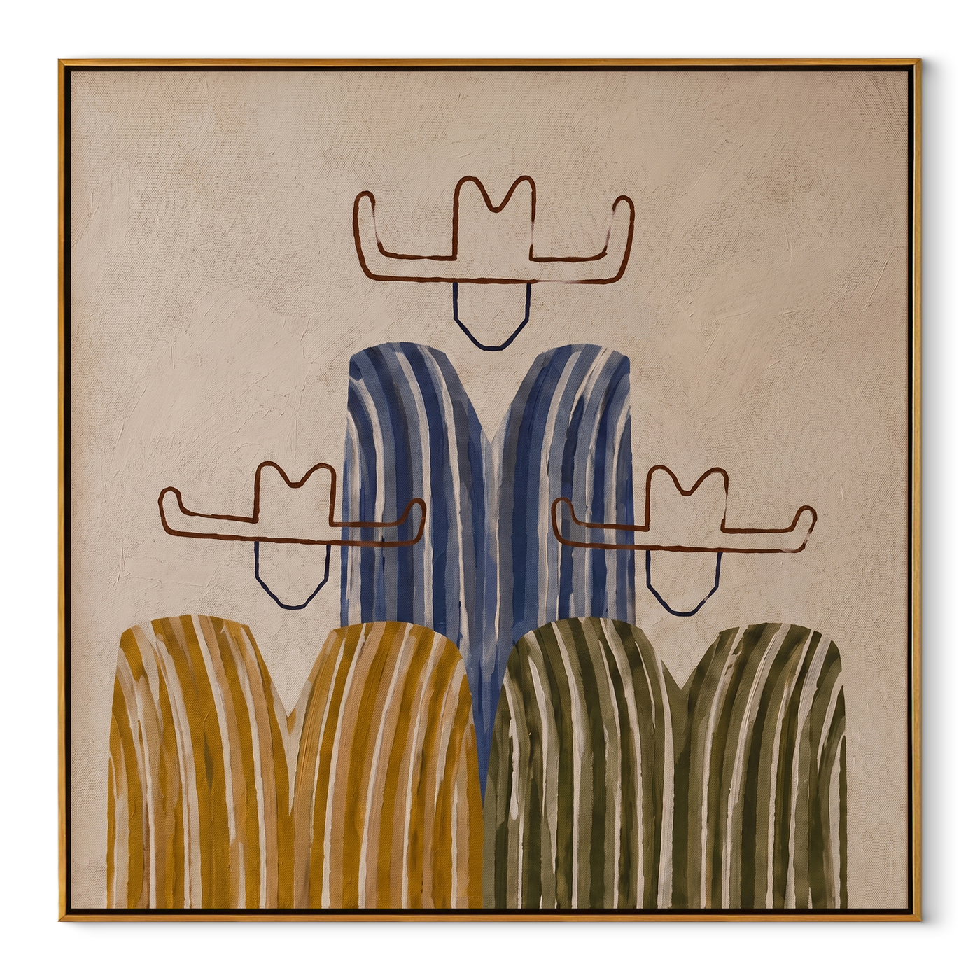 Blue Stripes Anchor the Room - blue striped cowboy figures painting by Savannah Reed, modern folk art vertical wall art – wood frame on white background