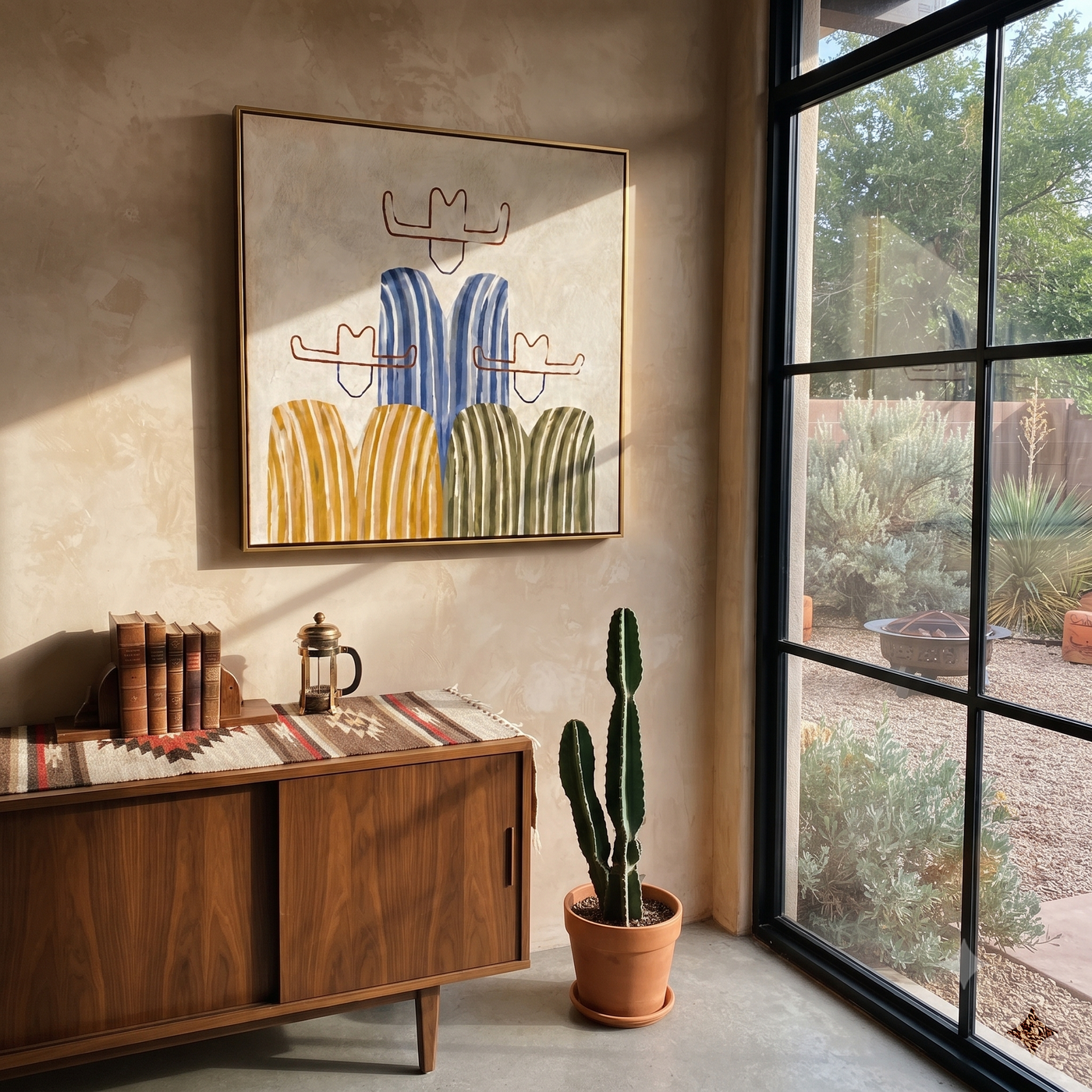 Blue Stripes Anchor the Room - blue striped cowboy figures painting by Savannah Reed, modern folk art vertical wall art – styled room scene view 3