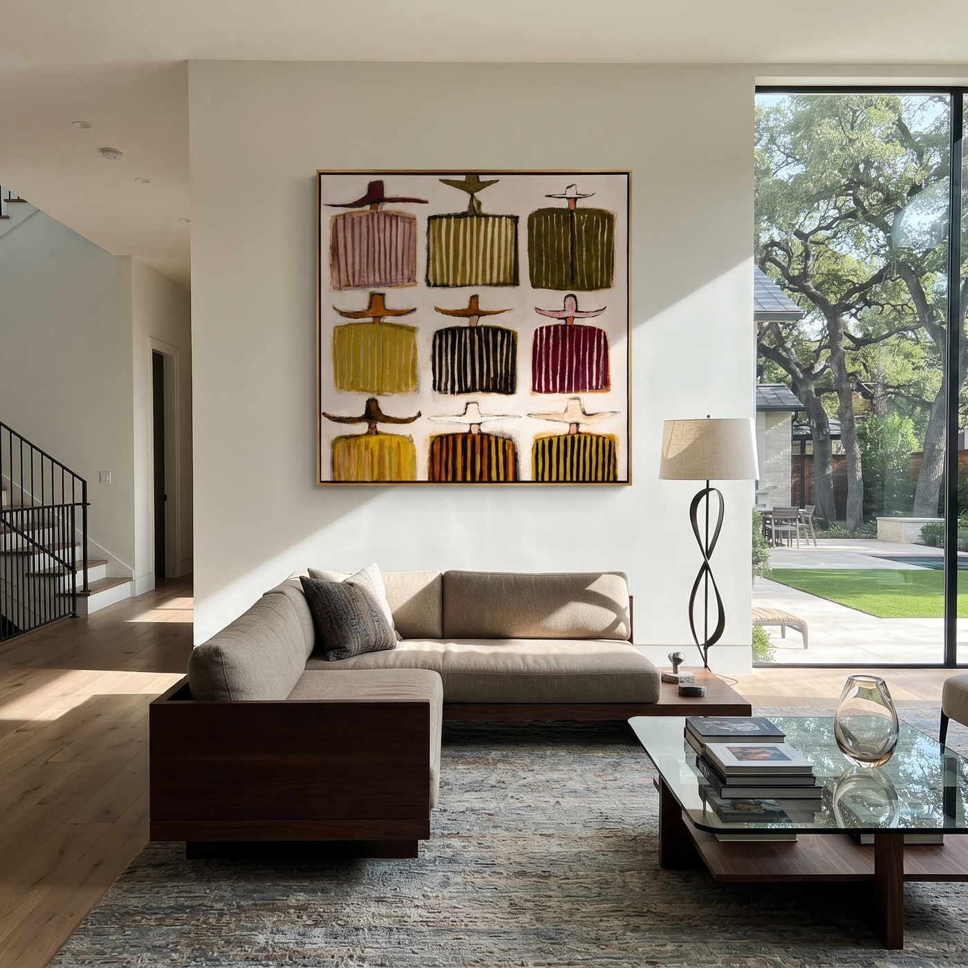 Hats Make a Grid - cowboy hat grid painting by Savannah Reed, modern folk art square wall art – styled room scene view 1