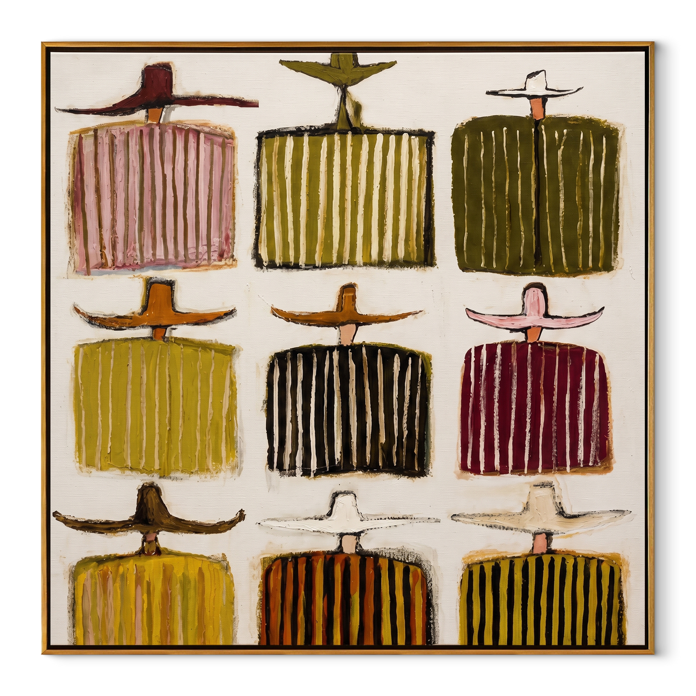 Hats Make a Grid - cowboy hat grid painting by Savannah Reed, modern folk art square wall art – wood frame on white background