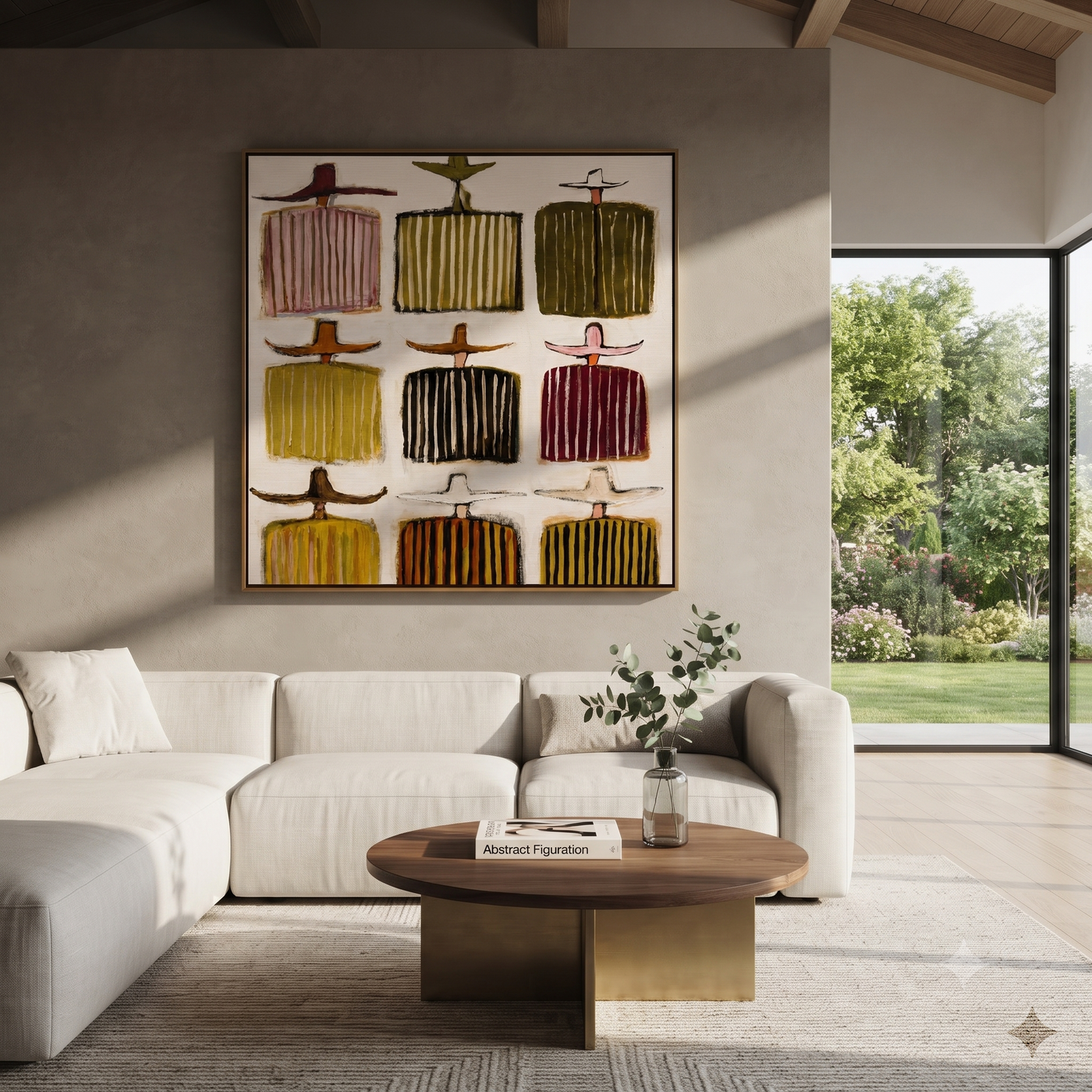 Hats Make a Grid - cowboy hat grid painting by Savannah Reed, modern folk art square wall art – styled room scene view 2