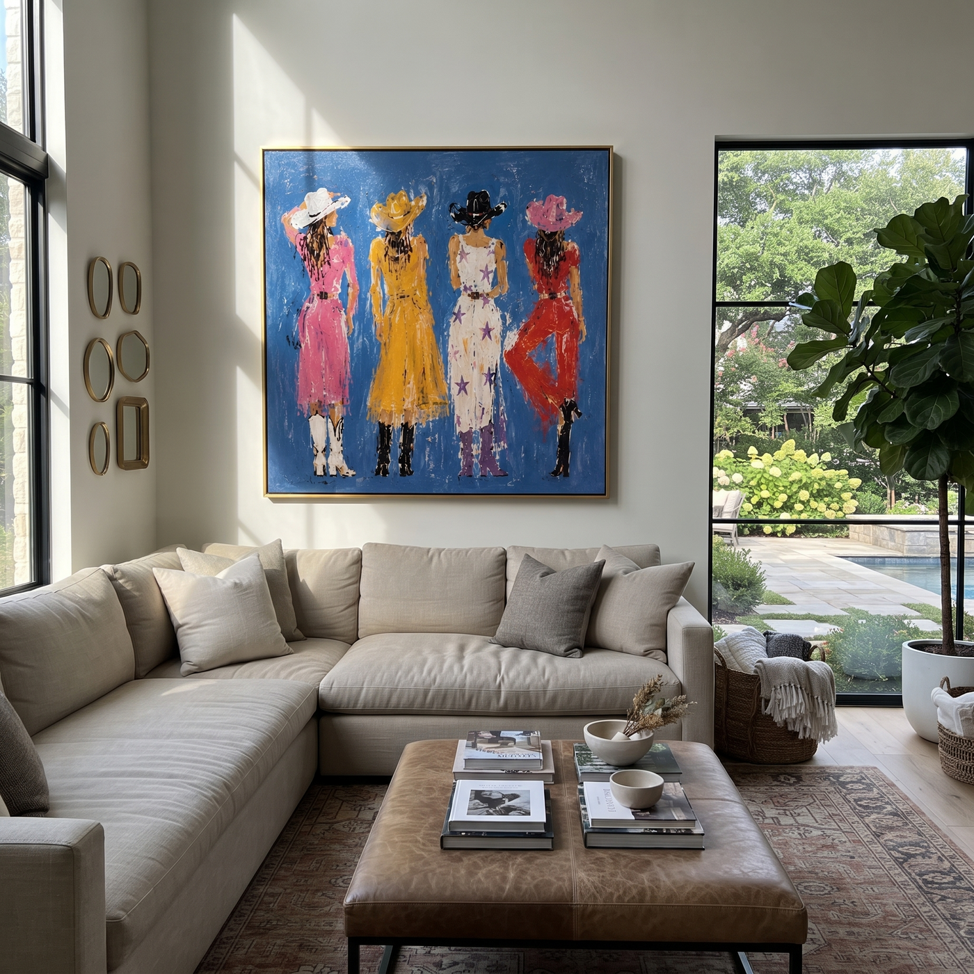 Four Cowgirls Meet Blue - four colorful cowgirls painting by Savannah Reed, modern folk art horizontal wall art – styled room scene view 1