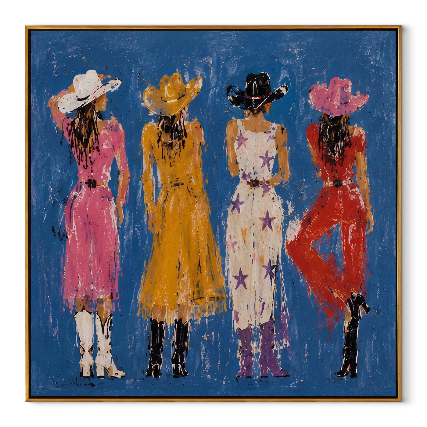Four Cowgirls Meet Blue - four colorful cowgirls painting by Savannah Reed, modern folk art horizontal wall art – wood frame on white background