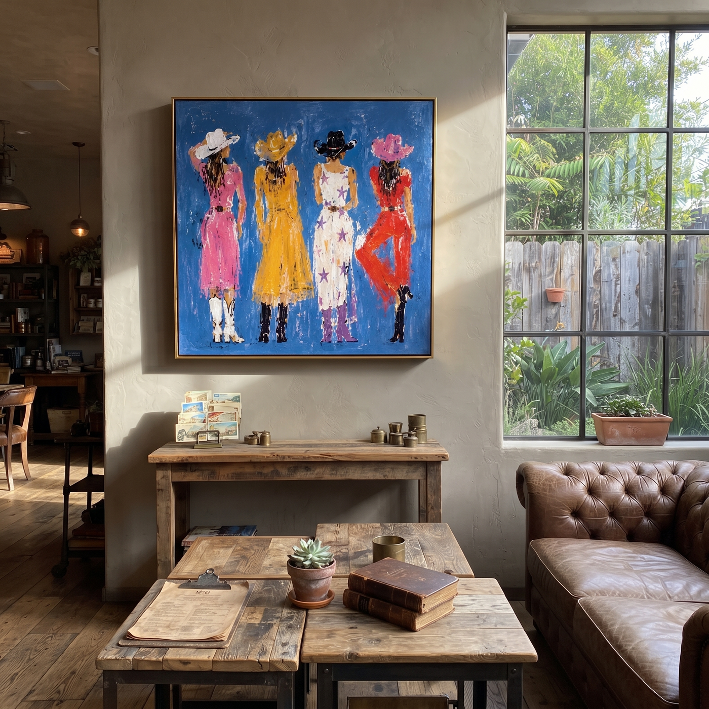 Four Cowgirls Meet Blue - four colorful cowgirls painting by Savannah Reed, modern folk art horizontal wall art – styled room scene view 2