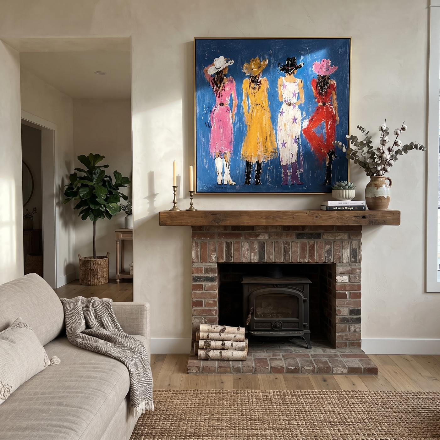 Four Cowgirls Meet Blue - four colorful cowgirls painting by Savannah Reed, modern folk art horizontal wall art – styled room scene view 3