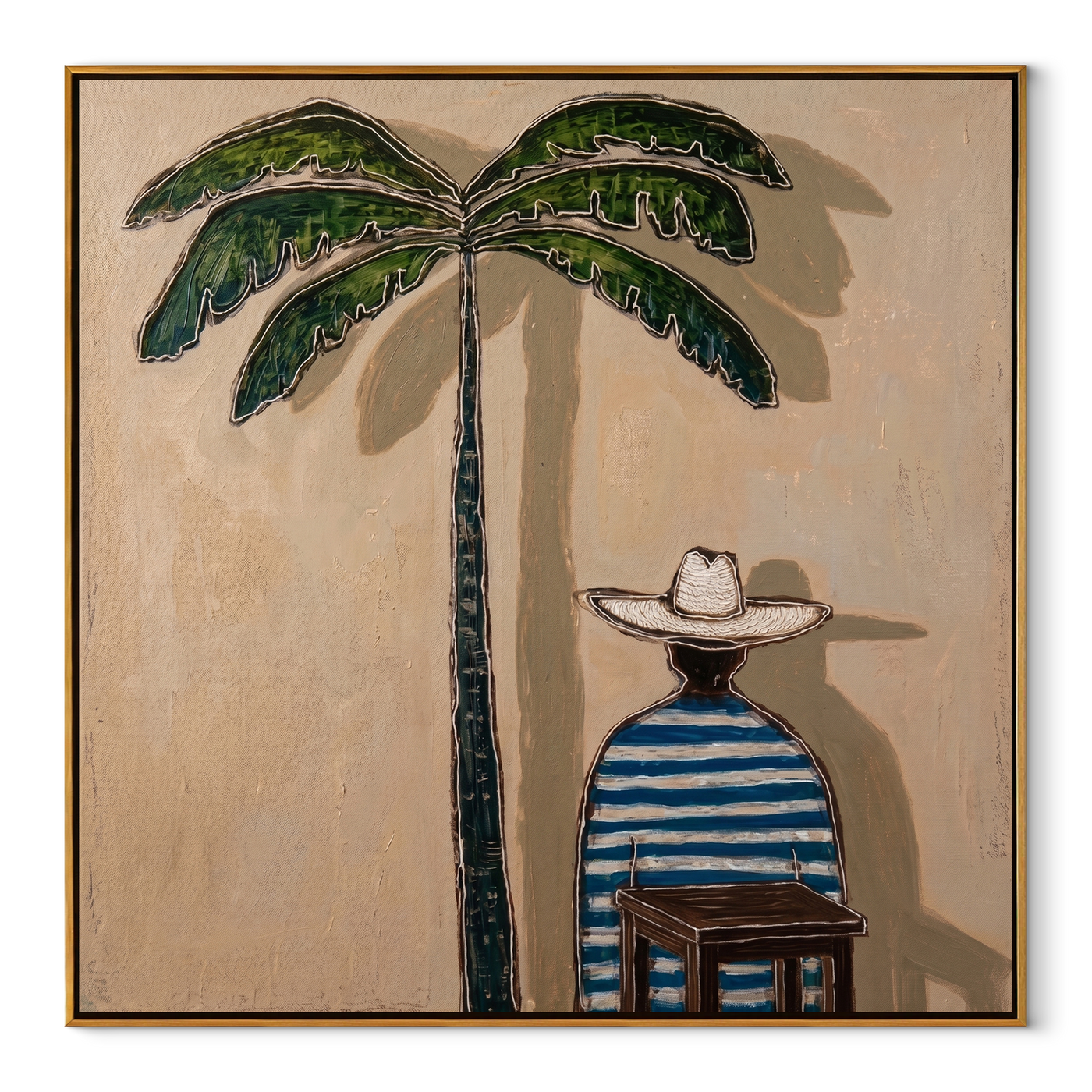 Palm Shade Finds Solitude - cowboy under palm tree painting by Savannah Reed, modern folk art square wall art – wood frame on white background