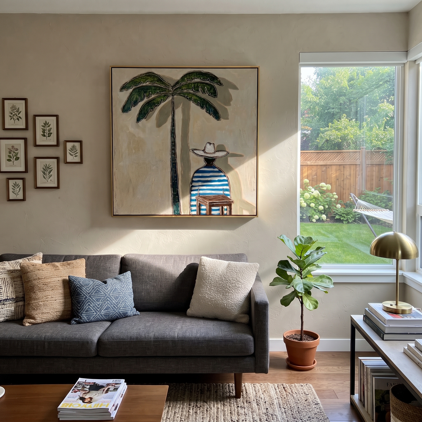 Palm Shade Finds Solitude - cowboy under palm tree painting by Savannah Reed, modern folk art square wall art – styled room scene view 2