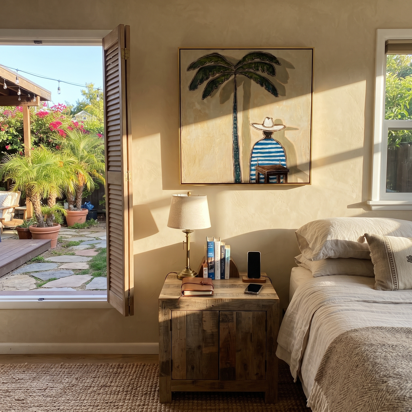 Palm Shade Finds Solitude - cowboy under palm tree painting by Savannah Reed, modern folk art square wall art – styled room scene view 3