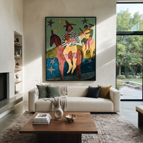 Star Riders Cross Mint - starry western riders painting by Savannah Reed, modern folk art vertical wall art – styled room scene view 1
