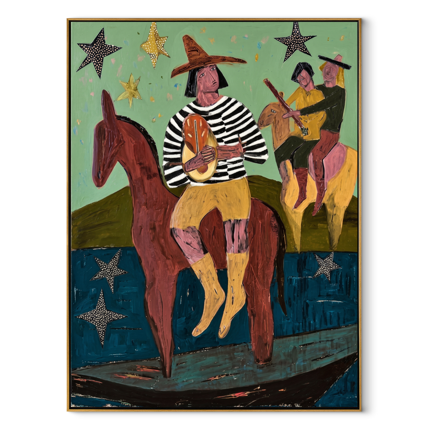 Star Riders Cross Mint - starry western riders painting by Savannah Reed, modern folk art vertical wall art – wood frame on white background