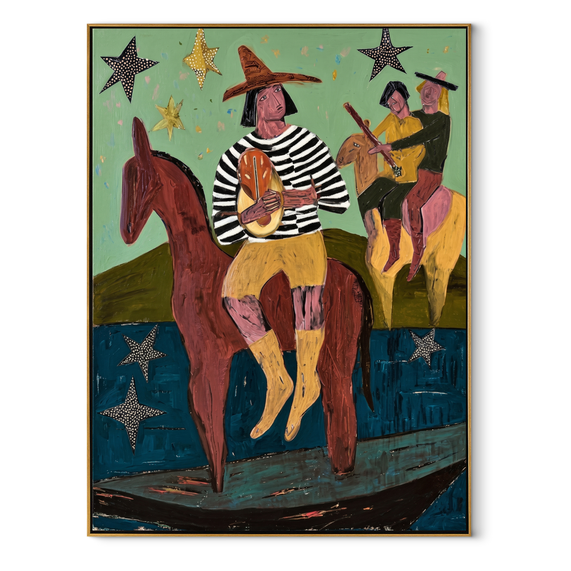 Star Riders Cross Mint - starry western riders painting by Savannah Reed, modern folk art vertical wall art – wood frame on white background
