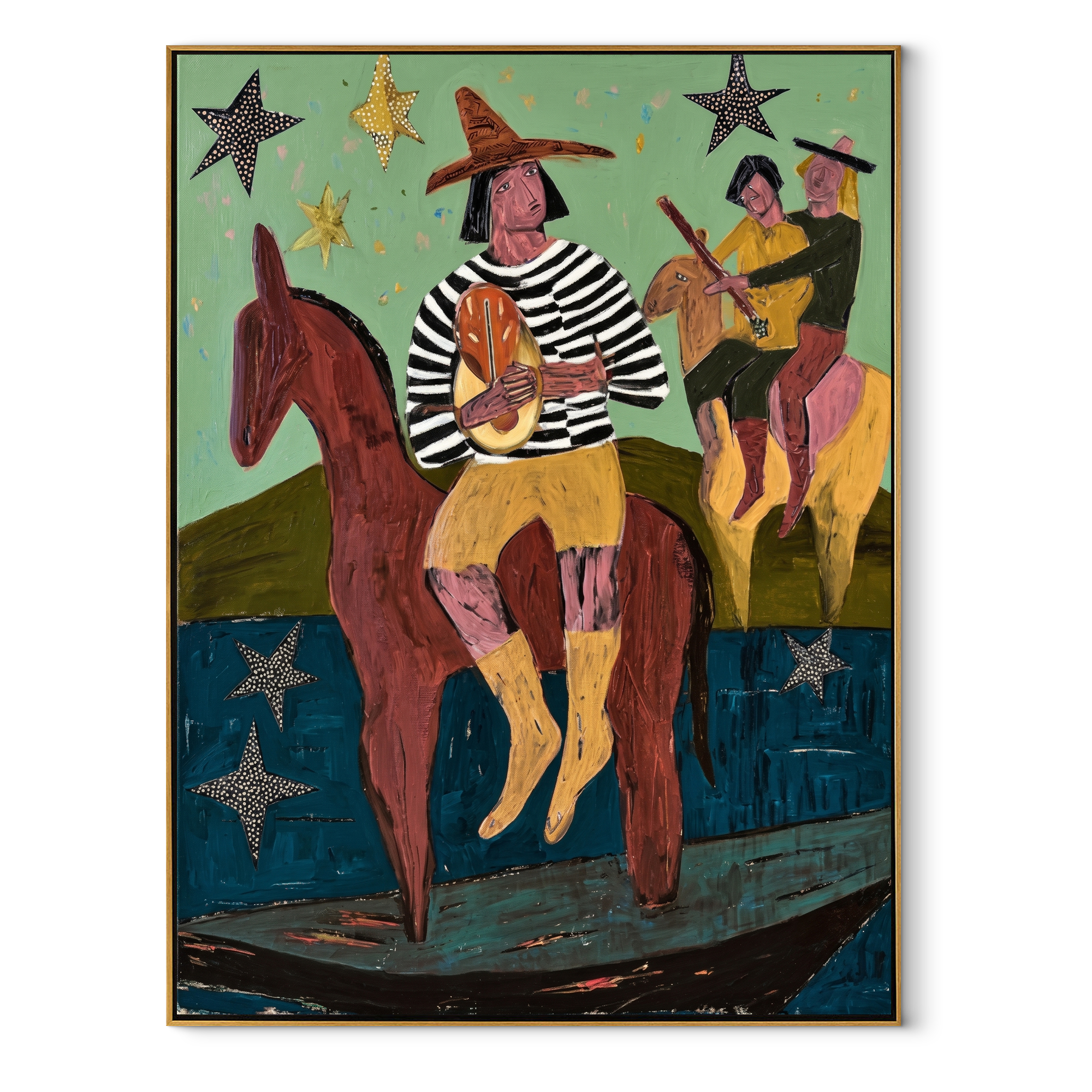 Star Riders Cross Mint - starry western riders painting by Savannah Reed, modern folk art vertical wall art – wood frame on white background