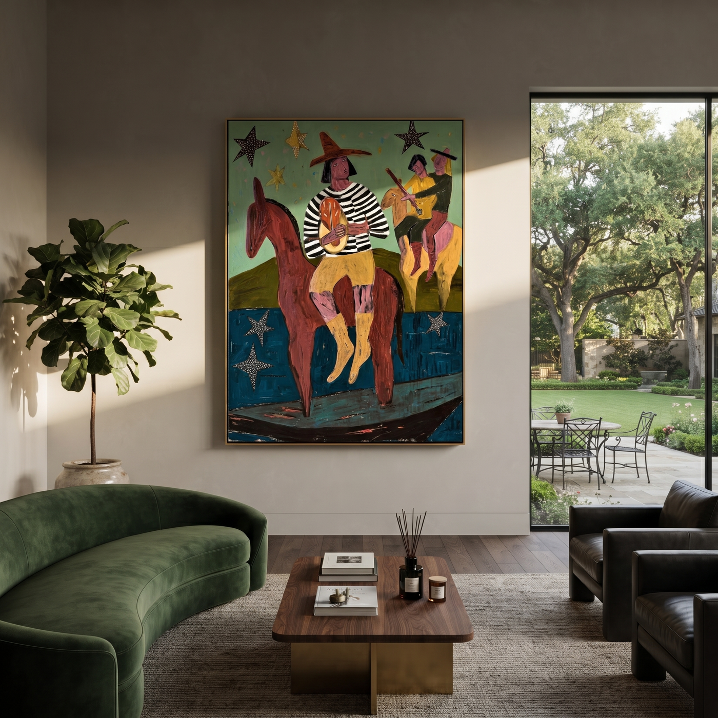 Star Riders Cross Mint - starry western riders painting by Savannah Reed, modern folk art vertical wall art – styled room scene view 2