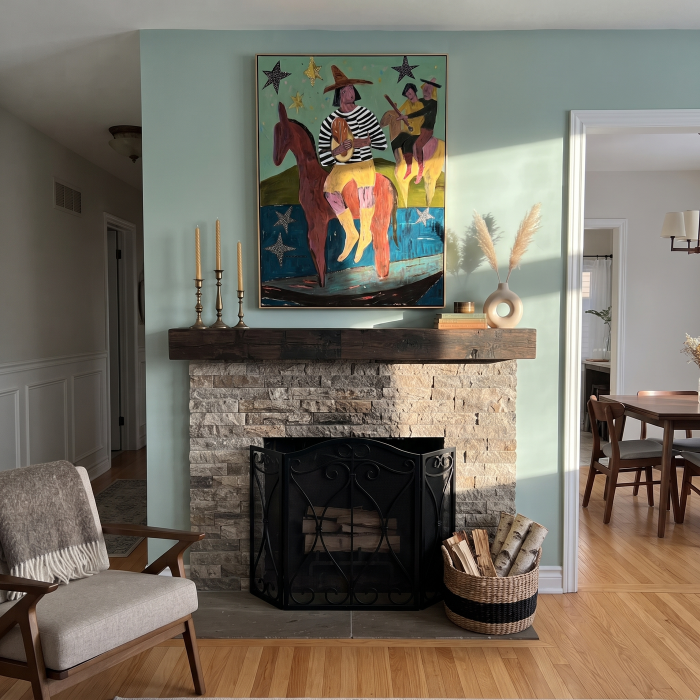 Star Riders Cross Mint - starry western riders painting by Savannah Reed, modern folk art vertical wall art – styled room scene view 3