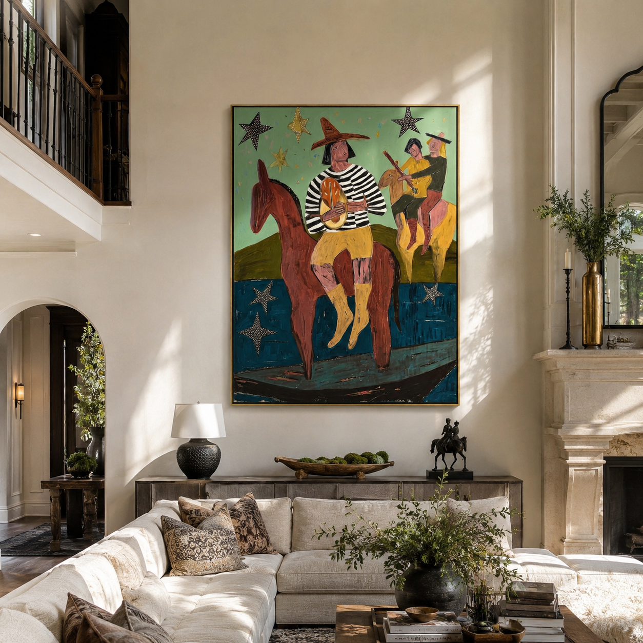 Star Riders Cross Mint - starry western riders painting by Savannah Reed, modern folk art vertical wall art – styled room scene view 4
