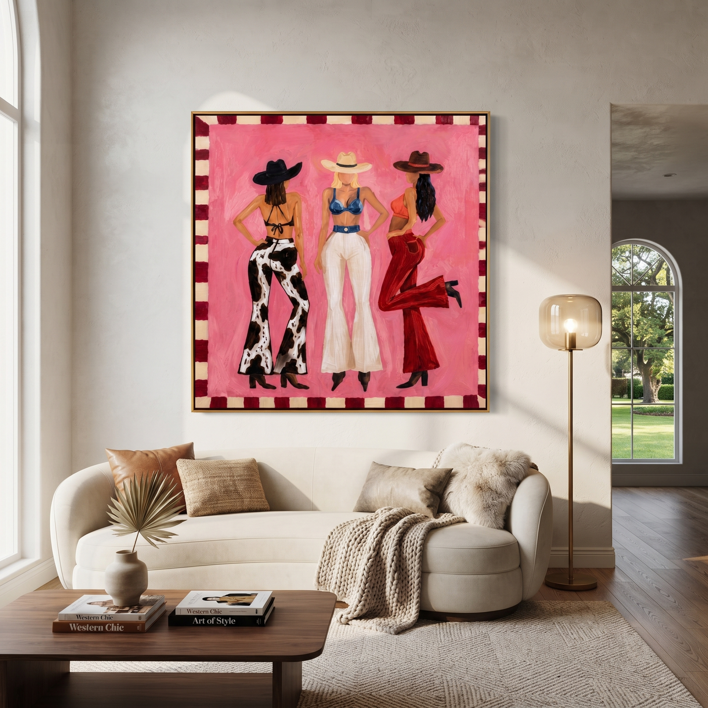 Three Cowgirls Claim Pink - three cowgirls on pink painting by Savannah Reed, modern folk art square wall art – styled room scene view 1
