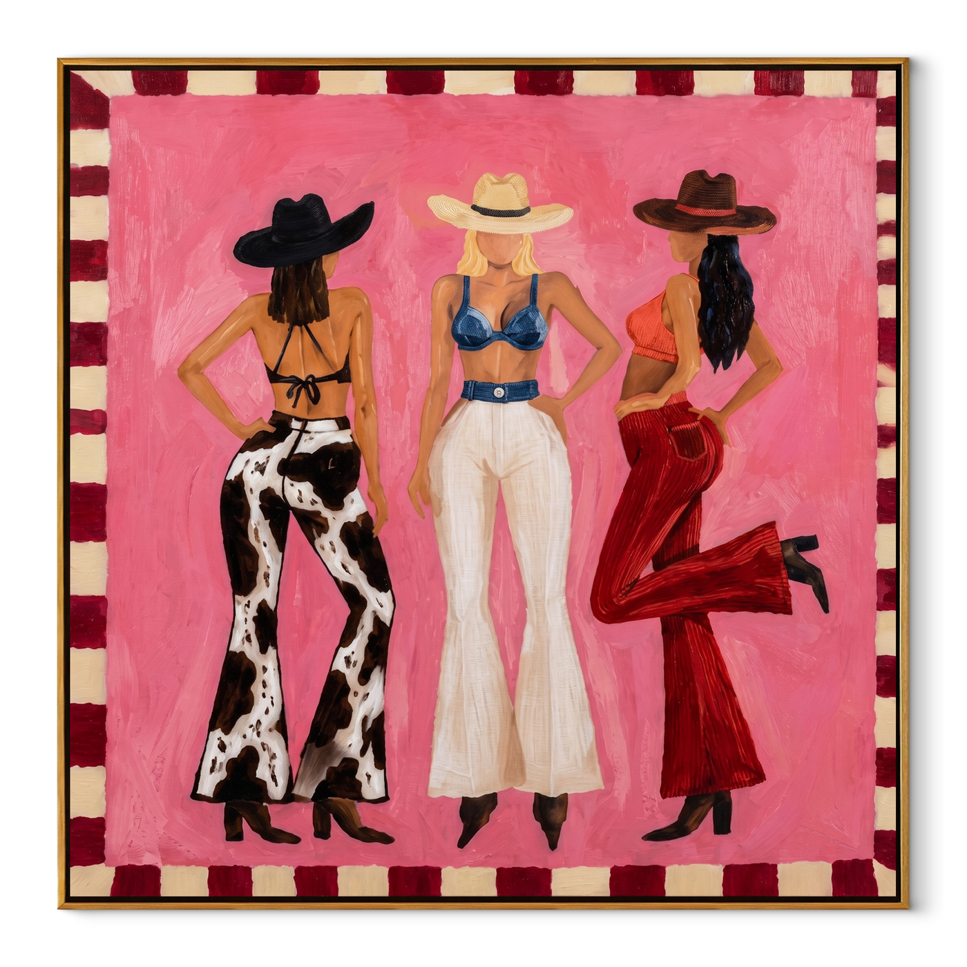 Three Cowgirls Claim Pink - three cowgirls on pink painting by Savannah Reed, modern folk art square wall art – wood frame on white background