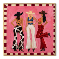 Three Cowgirls Claim Pink - three cowgirls on pink painting by Savannah Reed, modern folk art square wall art – wood frame on white background