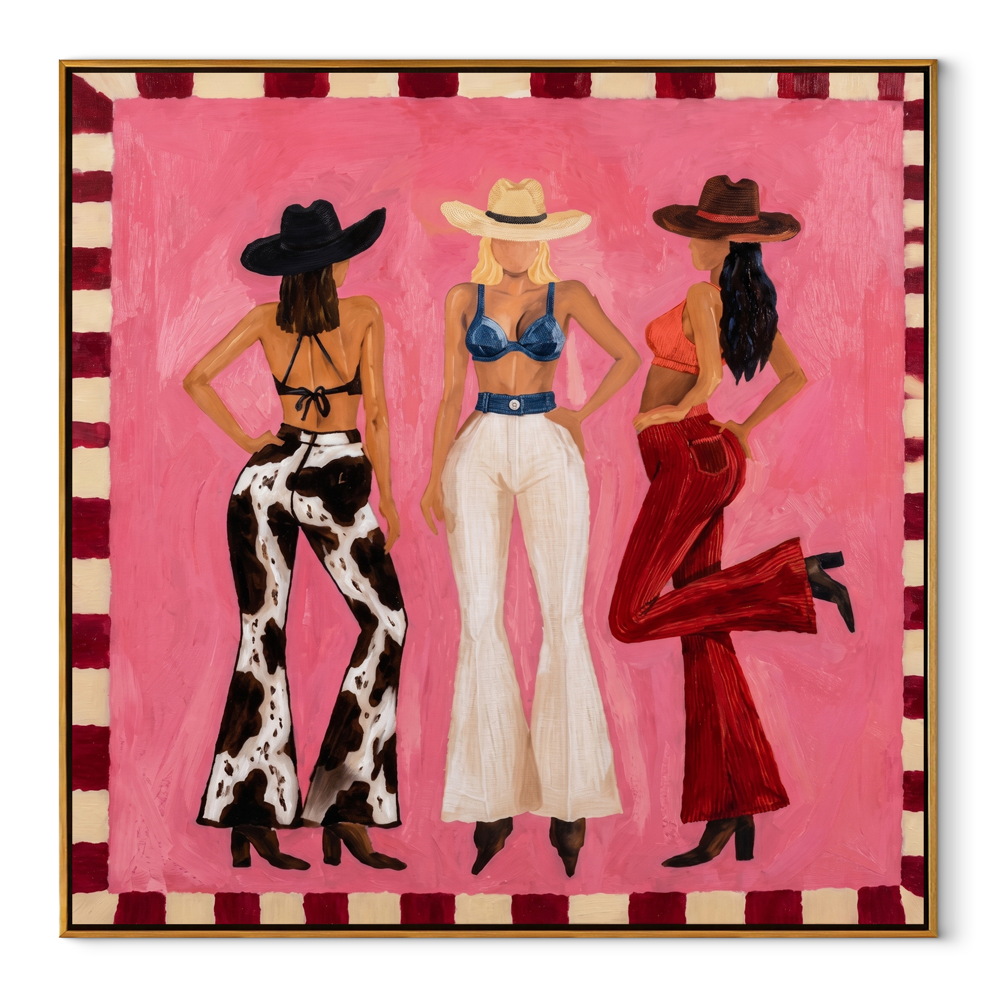 Three Cowgirls Claim Pink - three cowgirls on pink painting by Savannah Reed, modern folk art square wall art – wood frame on white background