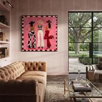 Three Cowgirls Claim Pink - three cowgirls on pink painting by Savannah Reed, modern folk art square wall art – styled room scene view 2