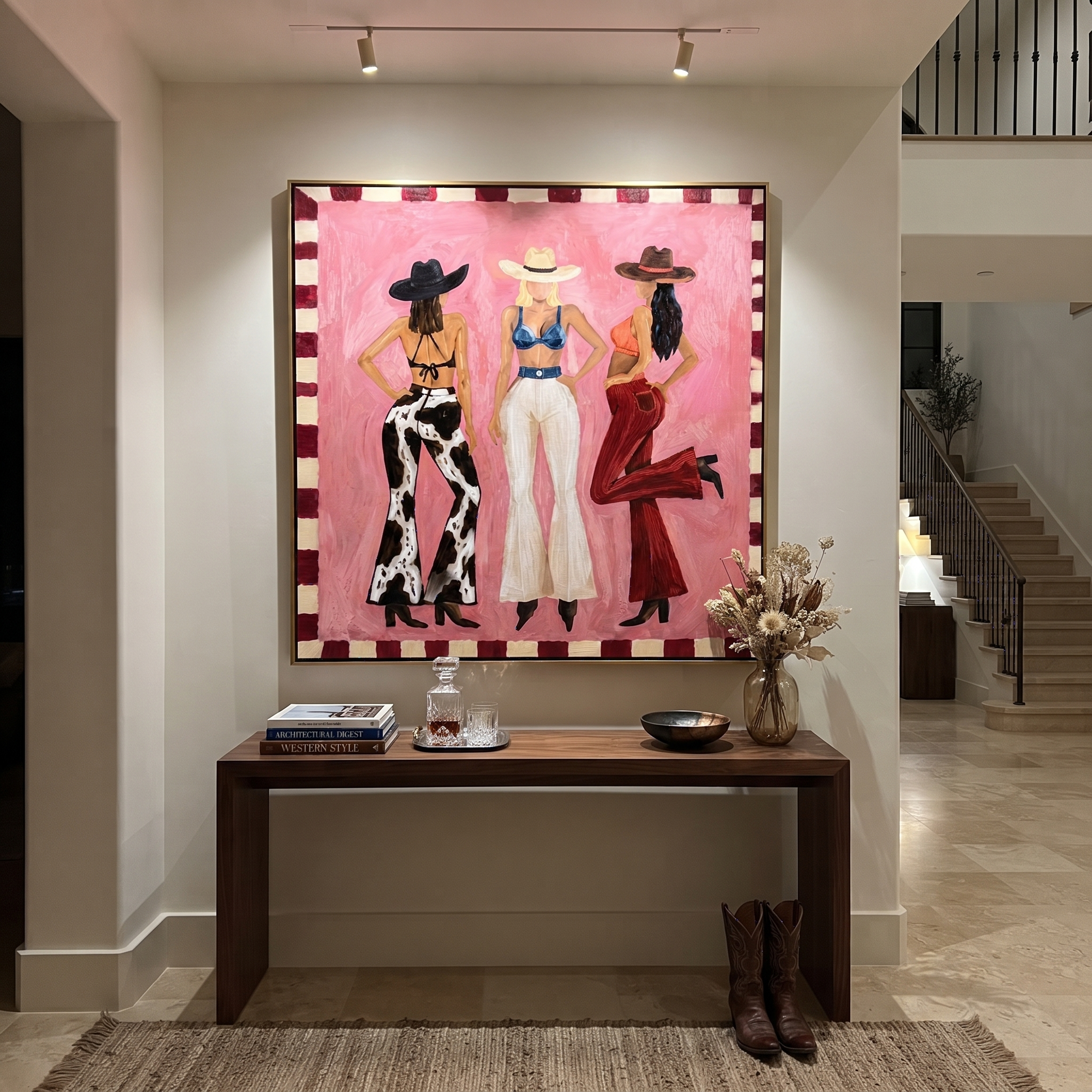 Three Cowgirls Claim Pink - three cowgirls on pink painting by Savannah Reed, modern folk art square wall art – styled room scene view 4