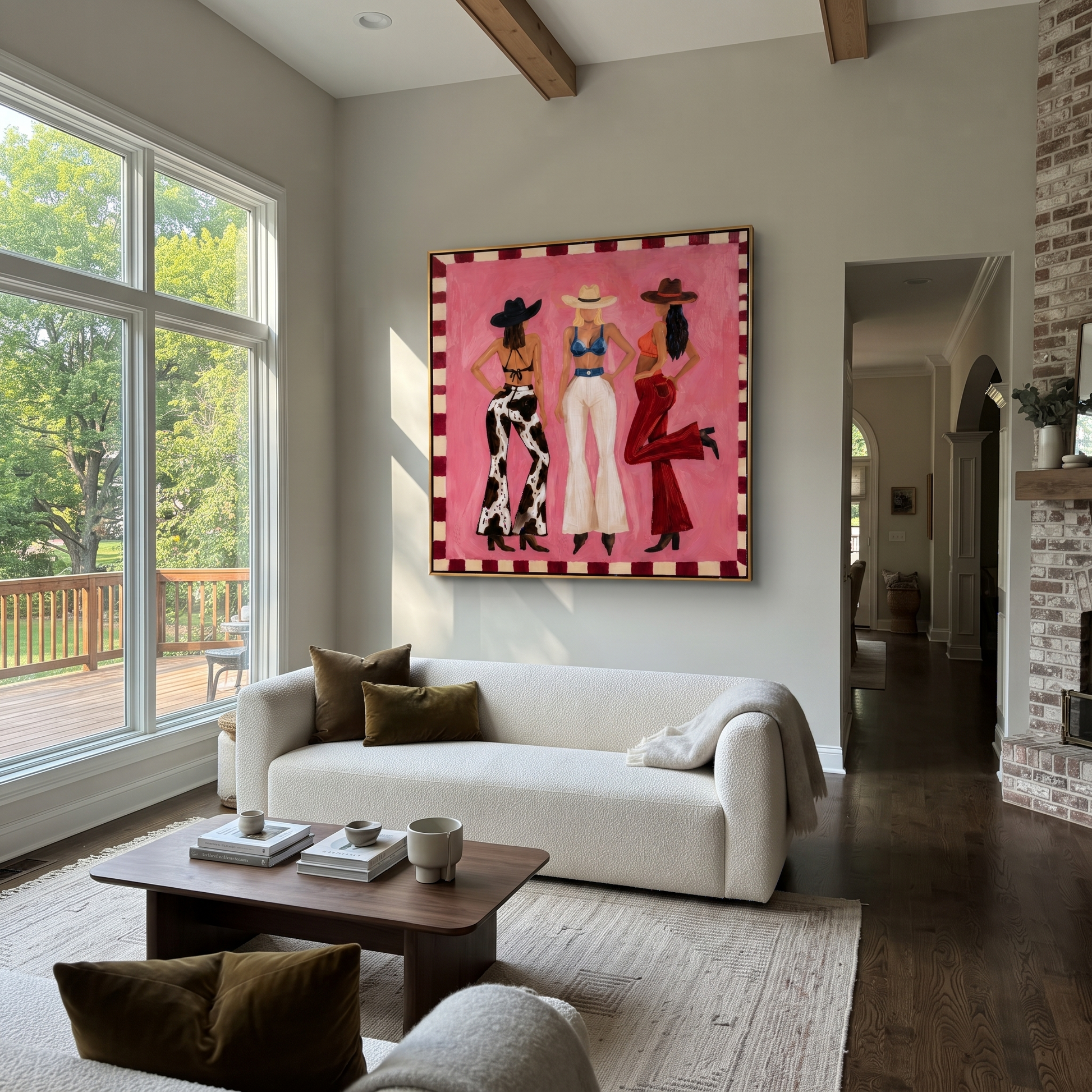 Three Cowgirls Claim Pink - three cowgirls on pink painting by Savannah Reed, modern folk art square wall art – styled room scene view 5
