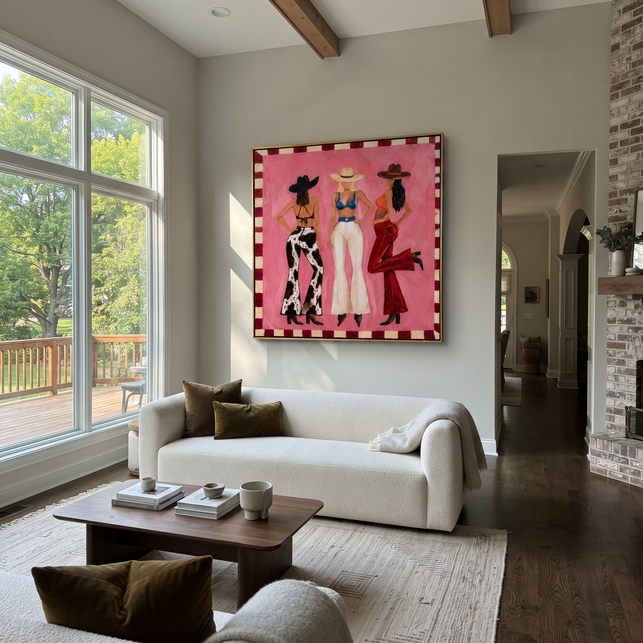 Three Cowgirls Claim Pink - three cowgirls on pink painting by Savannah Reed, modern folk art square wall art – styled room scene view 5