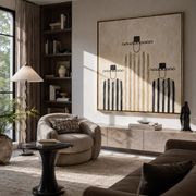 Black Stripes Hold Balance - black and ivory cowboy figures painting by Savannah Reed, modern folk art square wall art - styled room scene view 1