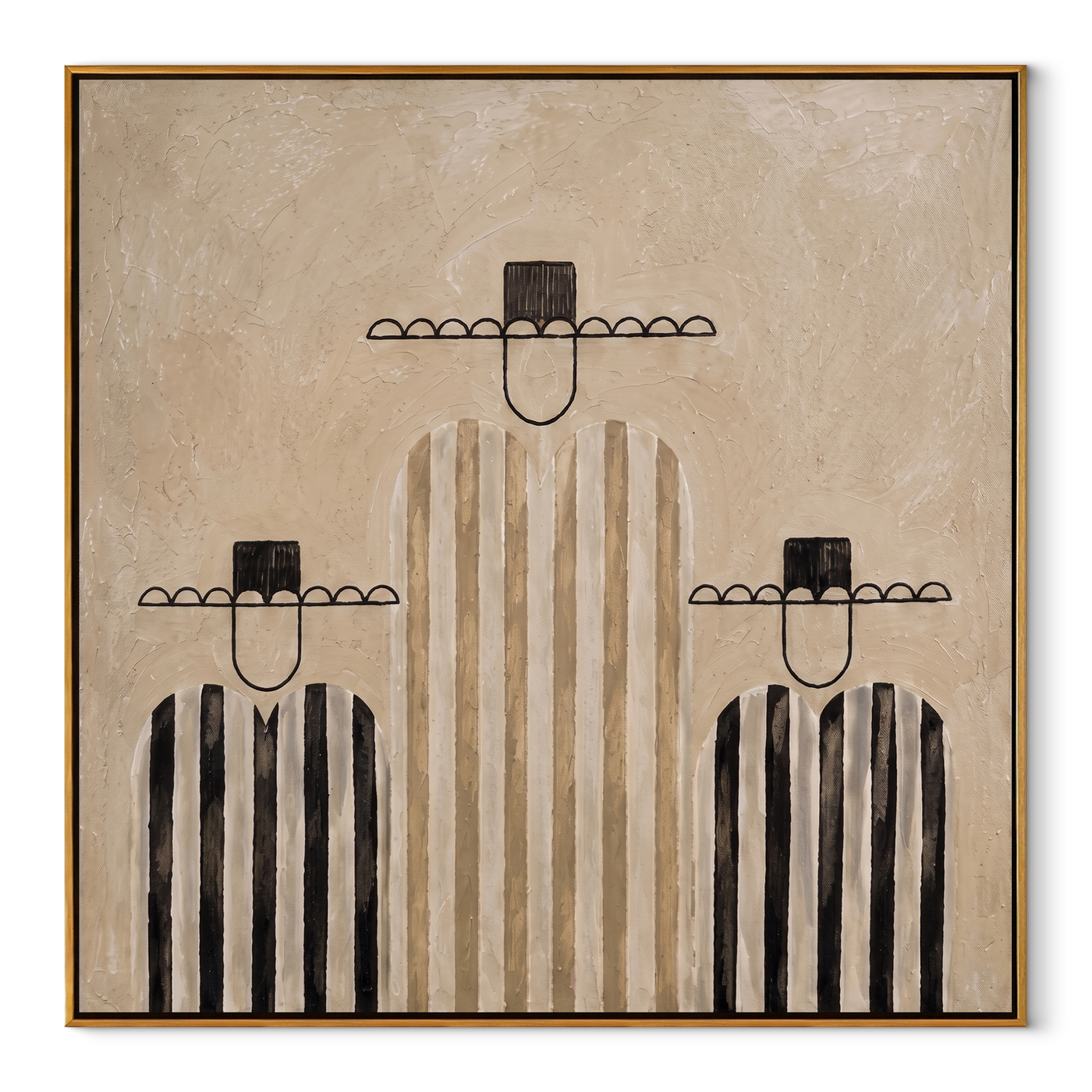 Black Stripes Hold Balance - black and ivory cowboy figures painting by Savannah Reed, modern folk art square wall art - wood frame on white background