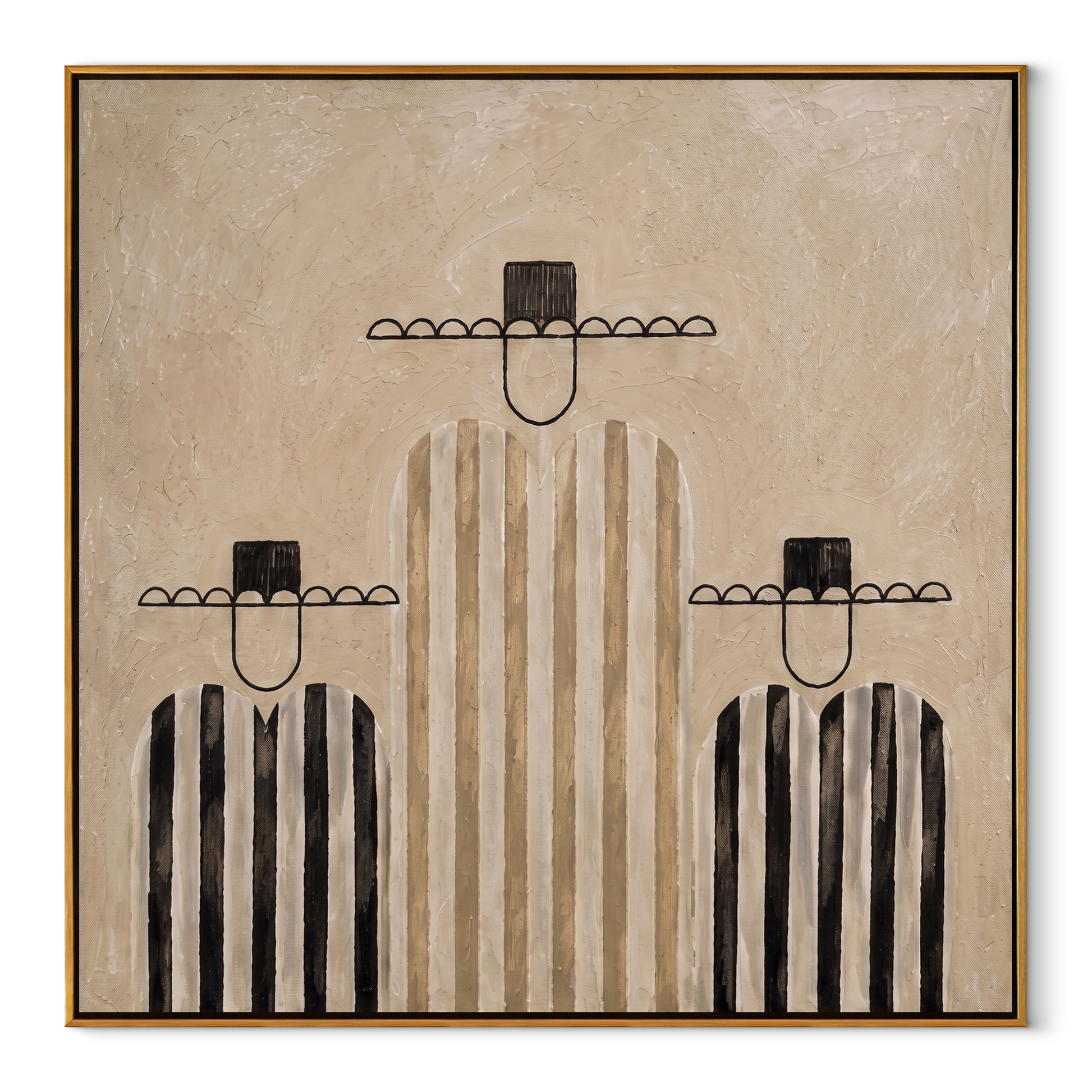 Black Stripes Hold Balance - black and ivory cowboy figures painting by Savannah Reed, modern folk art square wall art - wood frame on white background