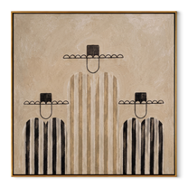 Black Stripes Hold Balance - black and ivory cowboy figures painting by Savannah Reed, modern folk art square wall art - wood frame on white background
