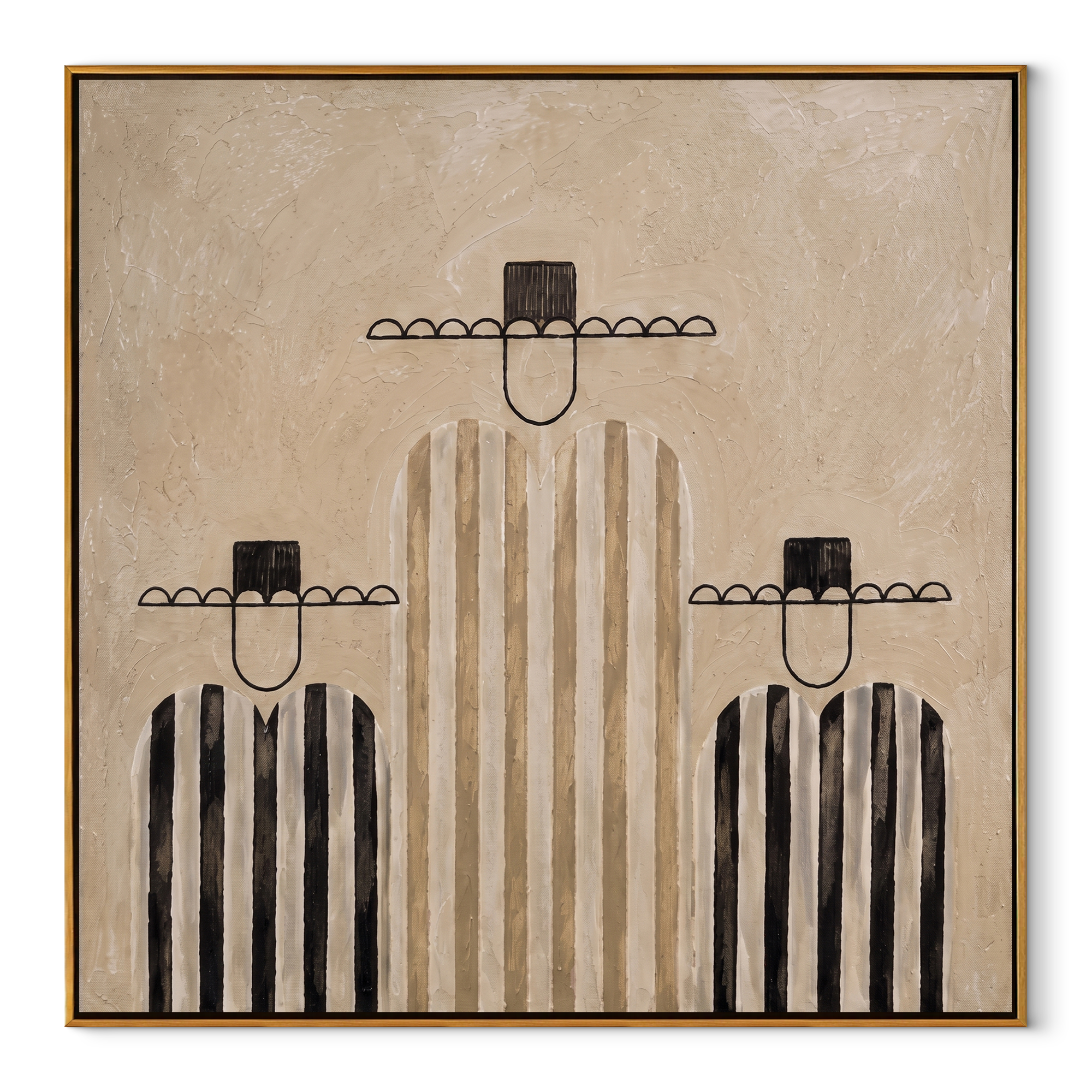 Black Stripes Hold Balance - black and ivory cowboy figures painting by Savannah Reed, modern folk art square wall art - wood frame on white background
