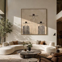 Black Stripes Hold Balance - black and ivory cowboy figures painting by Savannah Reed, modern folk art square wall art - styled room scene view 3