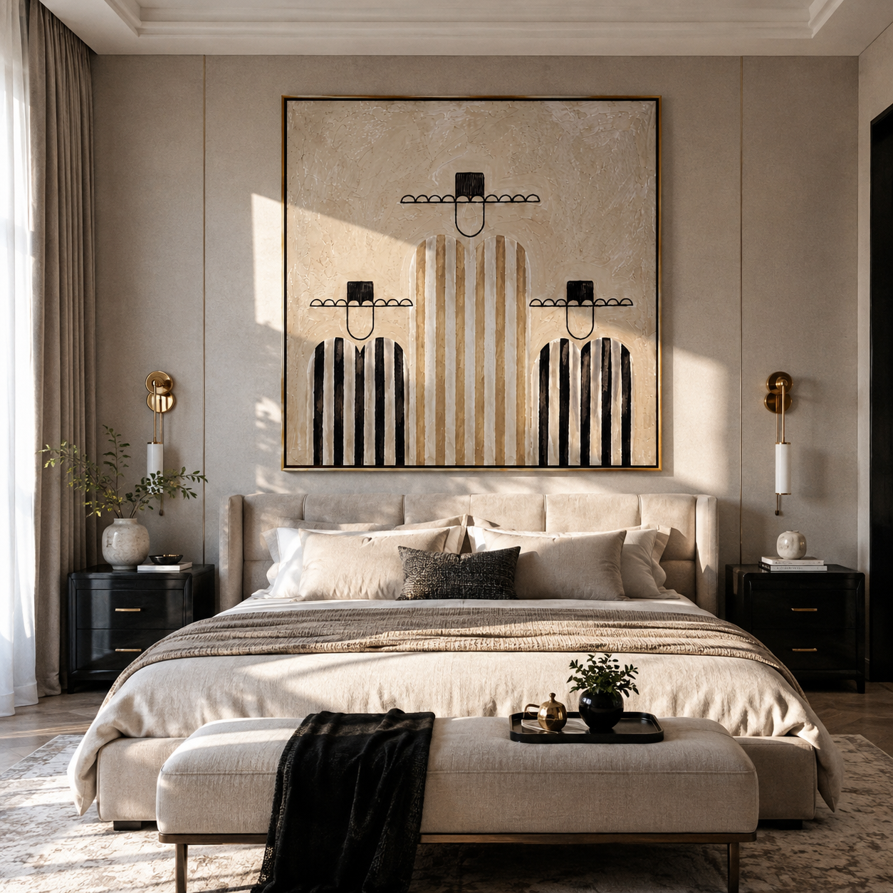 Black Stripes Hold Balance - black and ivory cowboy figures painting by Savannah Reed, modern folk art square wall art - styled room scene view 5